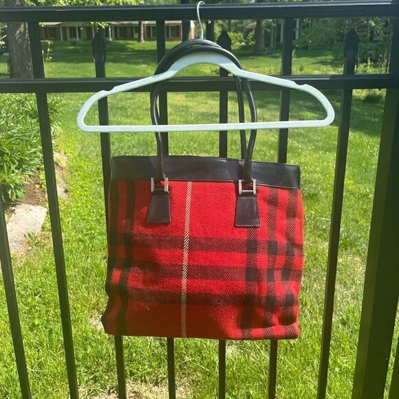 Burberry Nova Check Wool Plaid Leather Tote - Picture 7 of 9